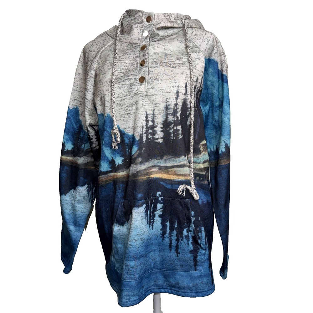 Misslook Women's Mountain Lake Scene Hoodie Blue Nature Gorpcore Aesthetic M